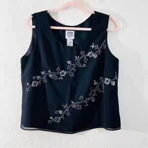 R&M Richards Round Neck Sleeveless Embellished Evening Top Women Size 14P Black